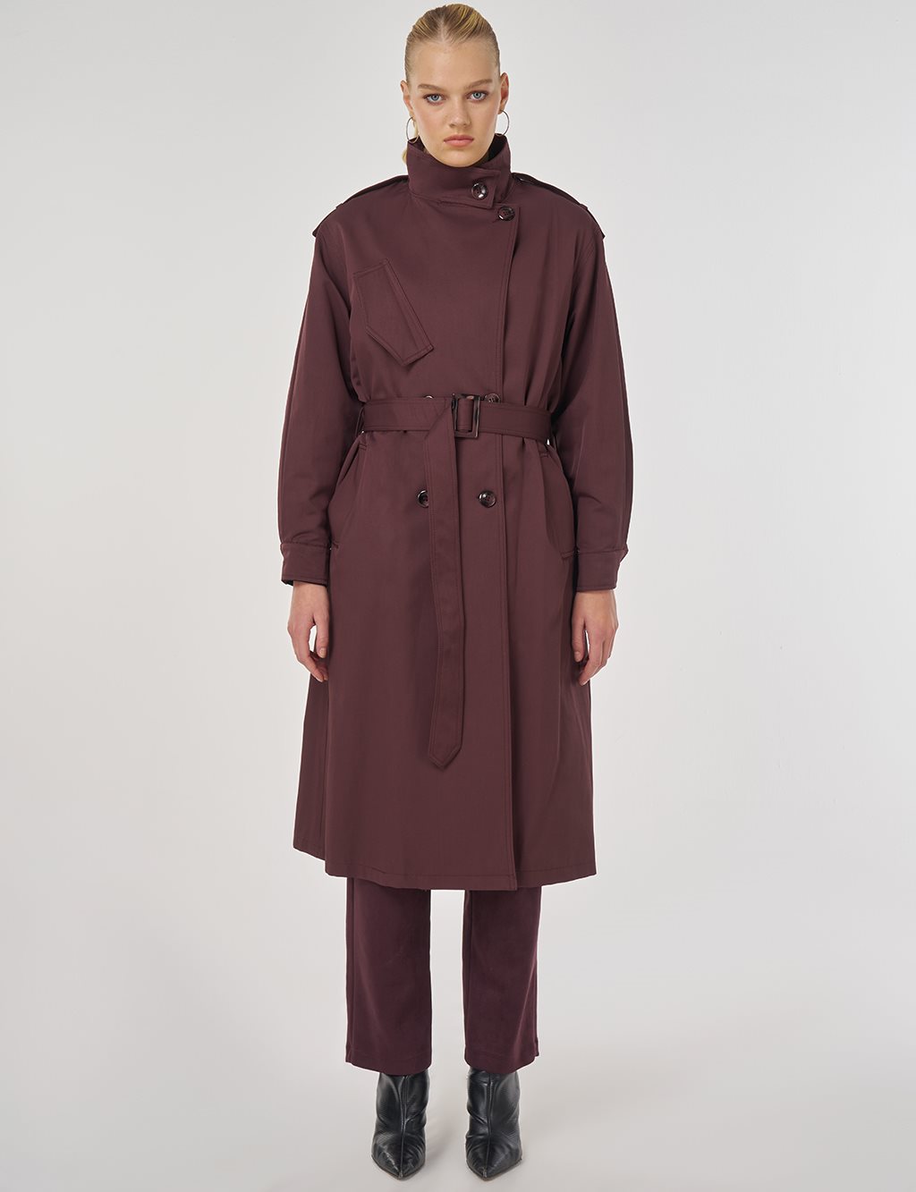 Belted Trench Coat with Epaulette Detail Dark Burgundy