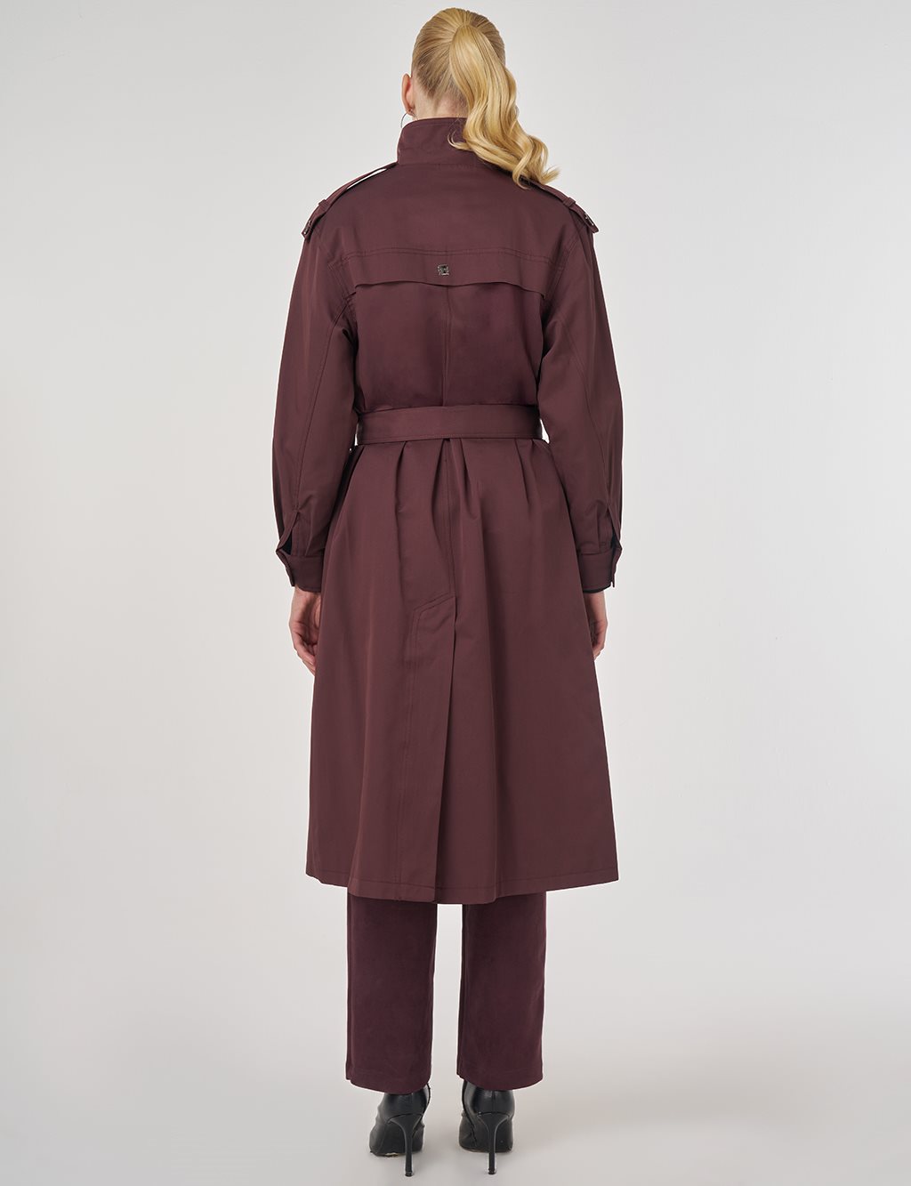 Belted Trench Coat with Epaulette Detail Dark Burgundy