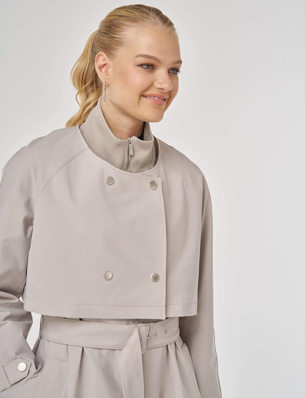 Stand Collar Belted Trench Coat Stone