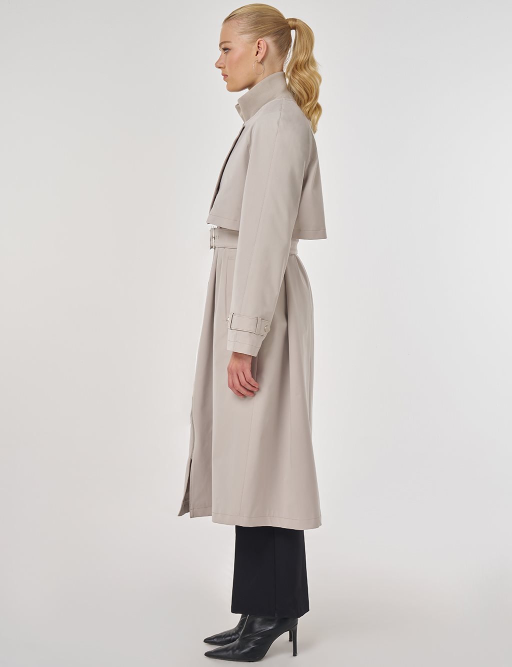 Stand Collar Belted Trench Coat Stone