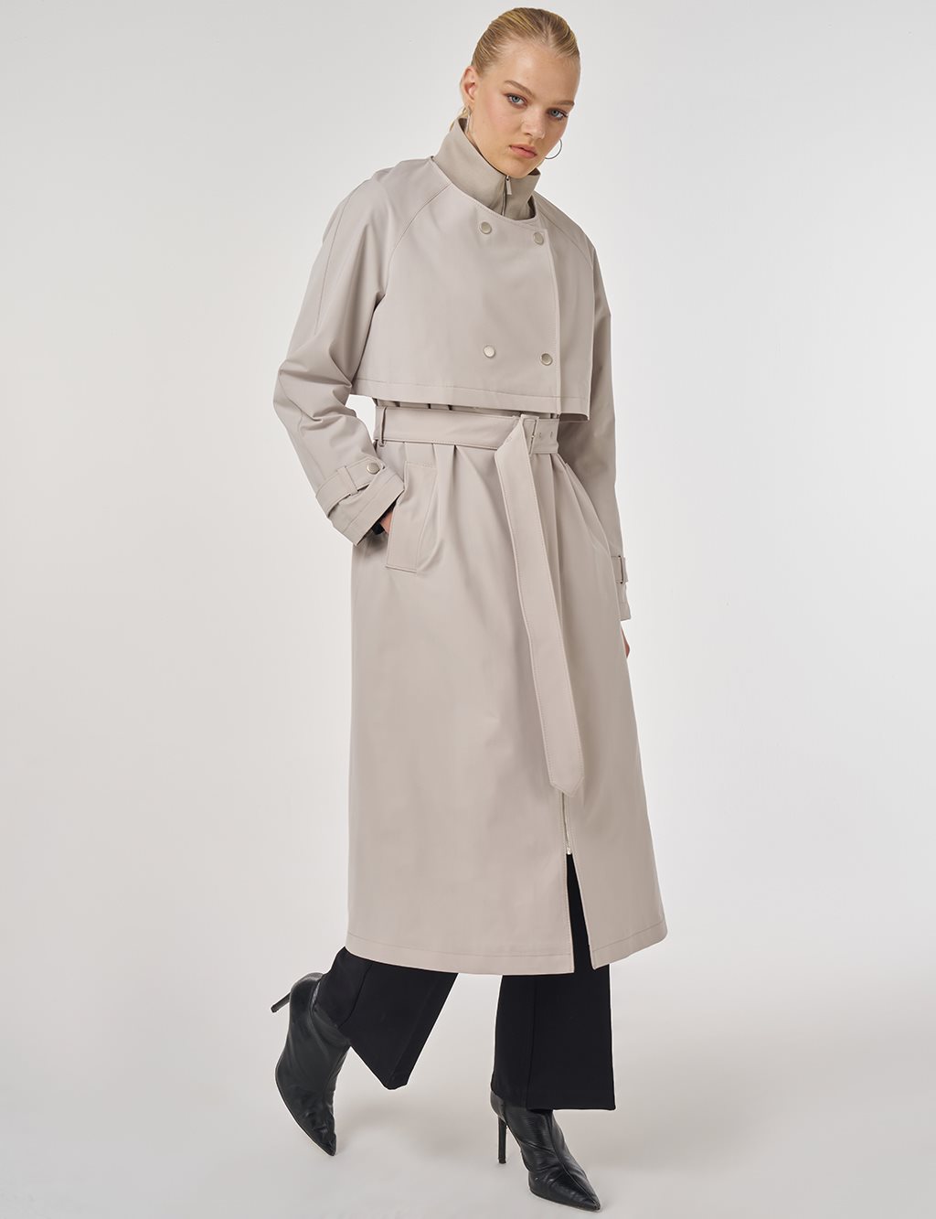 Stand Collar Belted Trench Coat Stone