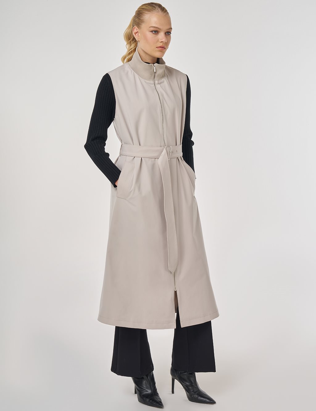 Stand Collar Belted Trench Coat Stone