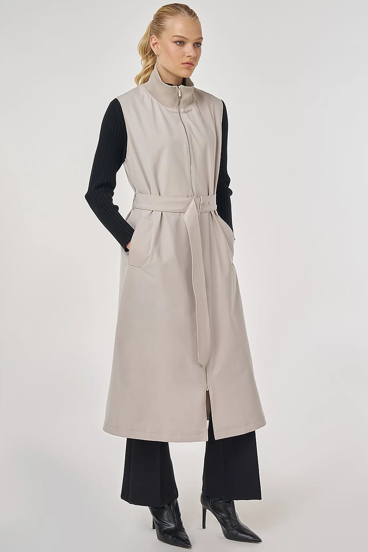 Stand Collar Belted Trench Coat Stone