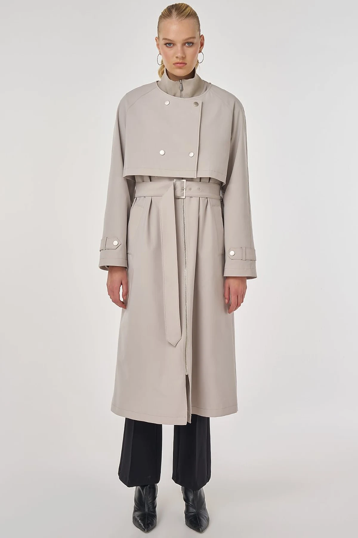 Stand Collar Belted Trench Coat Stone