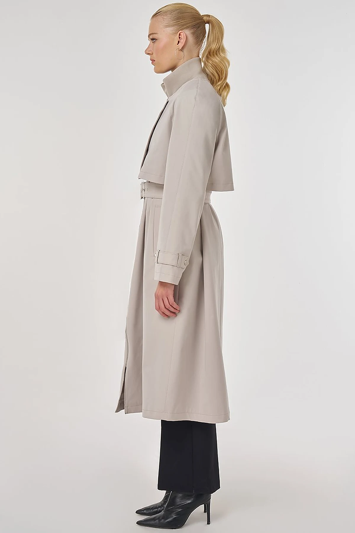 Stand Collar Belted Trench Coat Stone