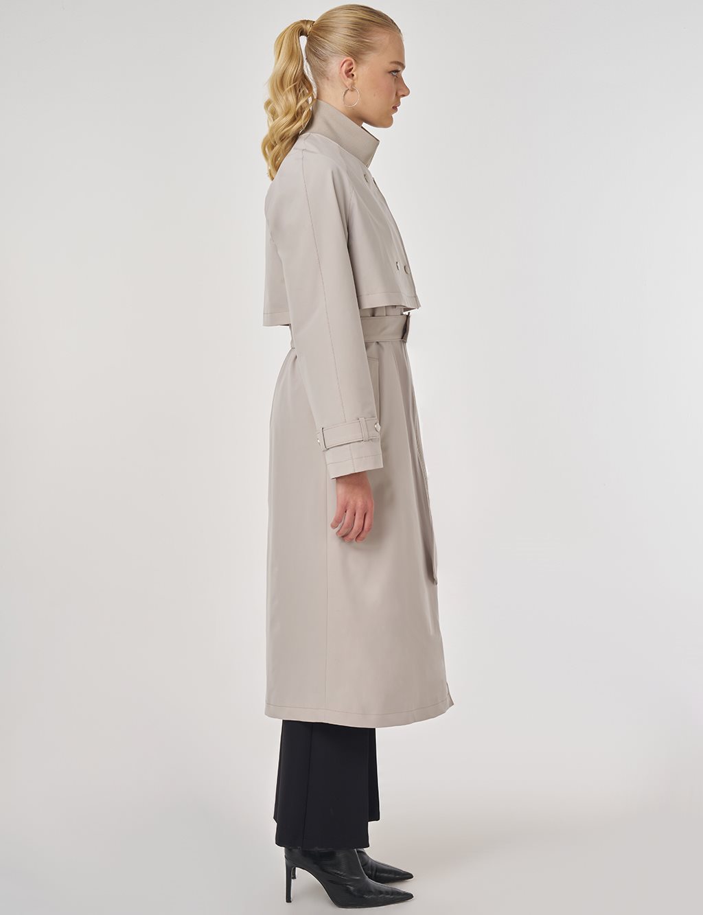 Stand Collar Belted Trench Coat Stone