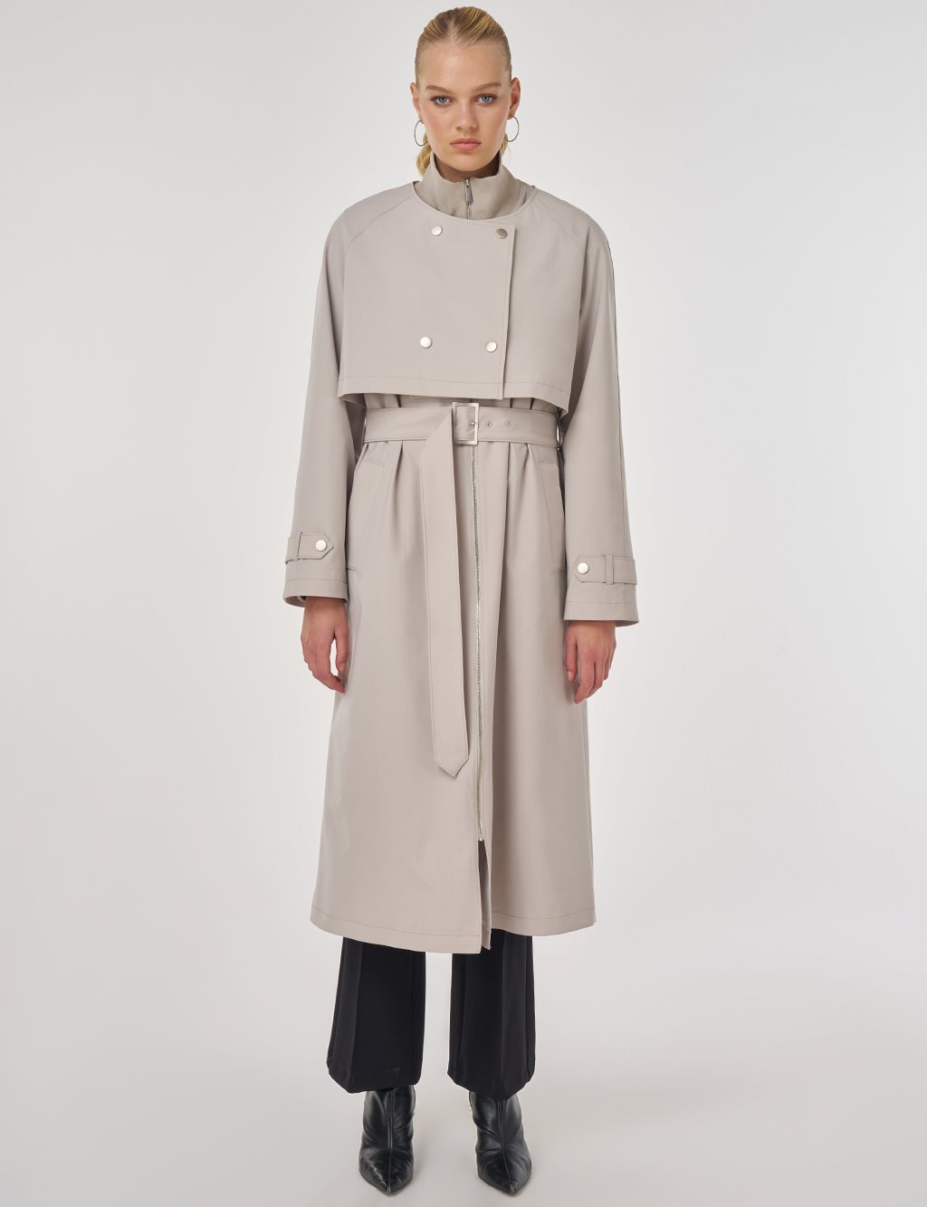 Stand Collar Belted Trench Coat Stone