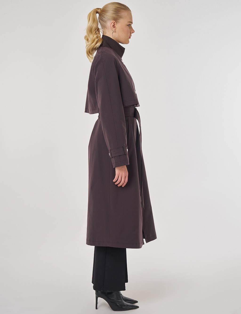 Stand Collar Belted Trench Coat Dark Brown