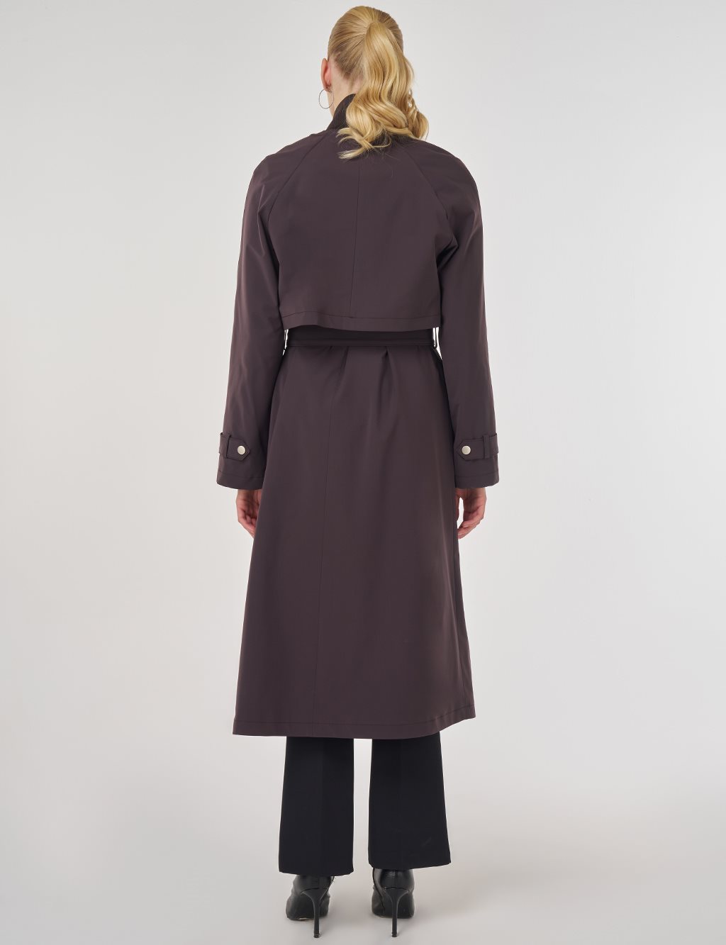 Stand Collar Belted Trench Coat Dark Brown