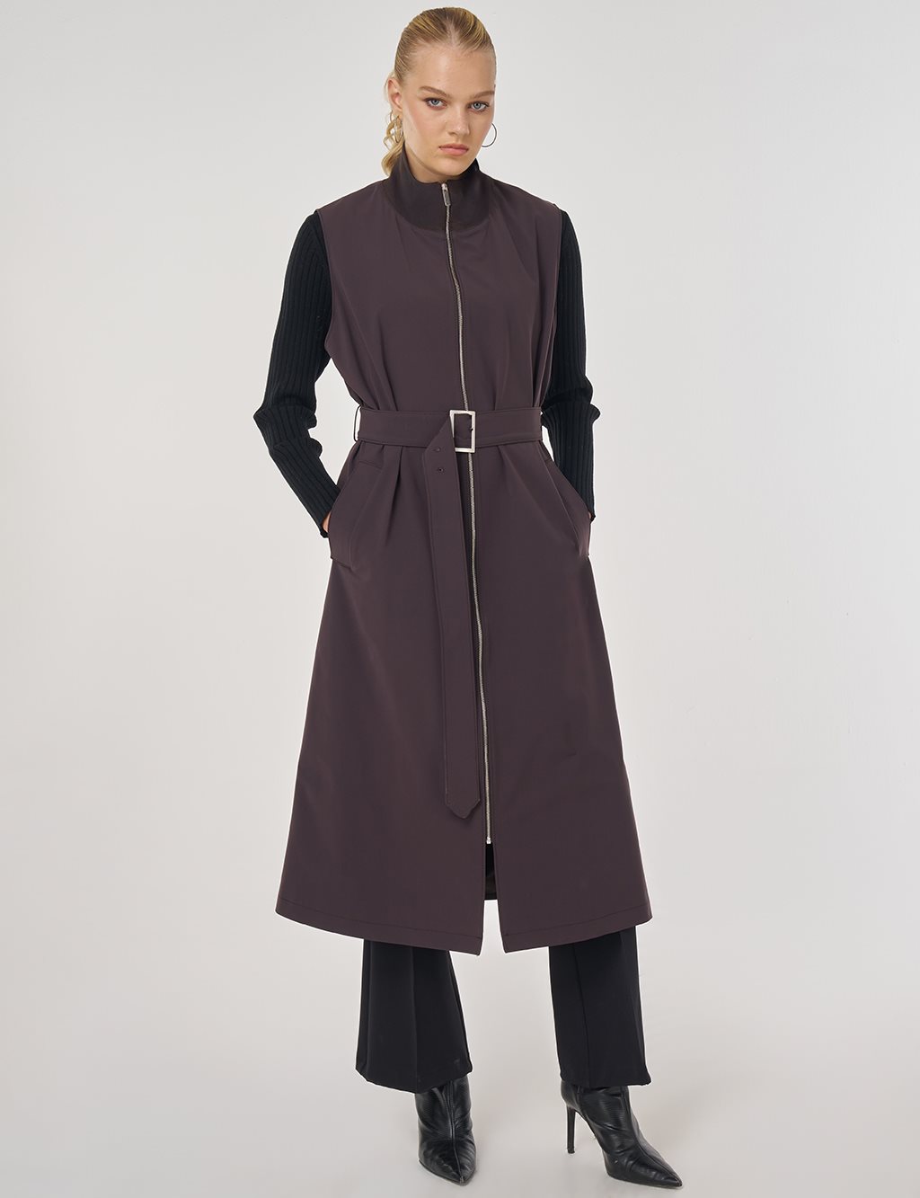 Stand Collar Belted Trench Coat Dark Brown