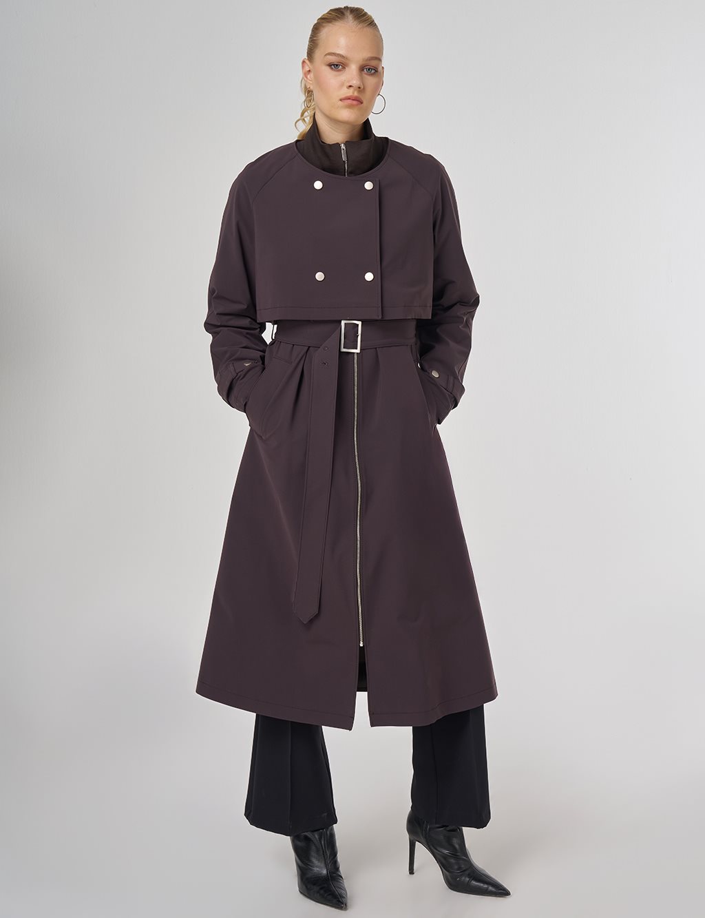 Stand Collar Belted Trench Coat Dark Brown