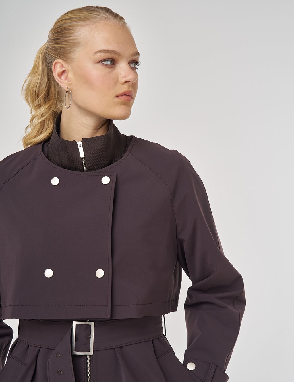 Stand Collar Belted Trench Coat Dark Brown