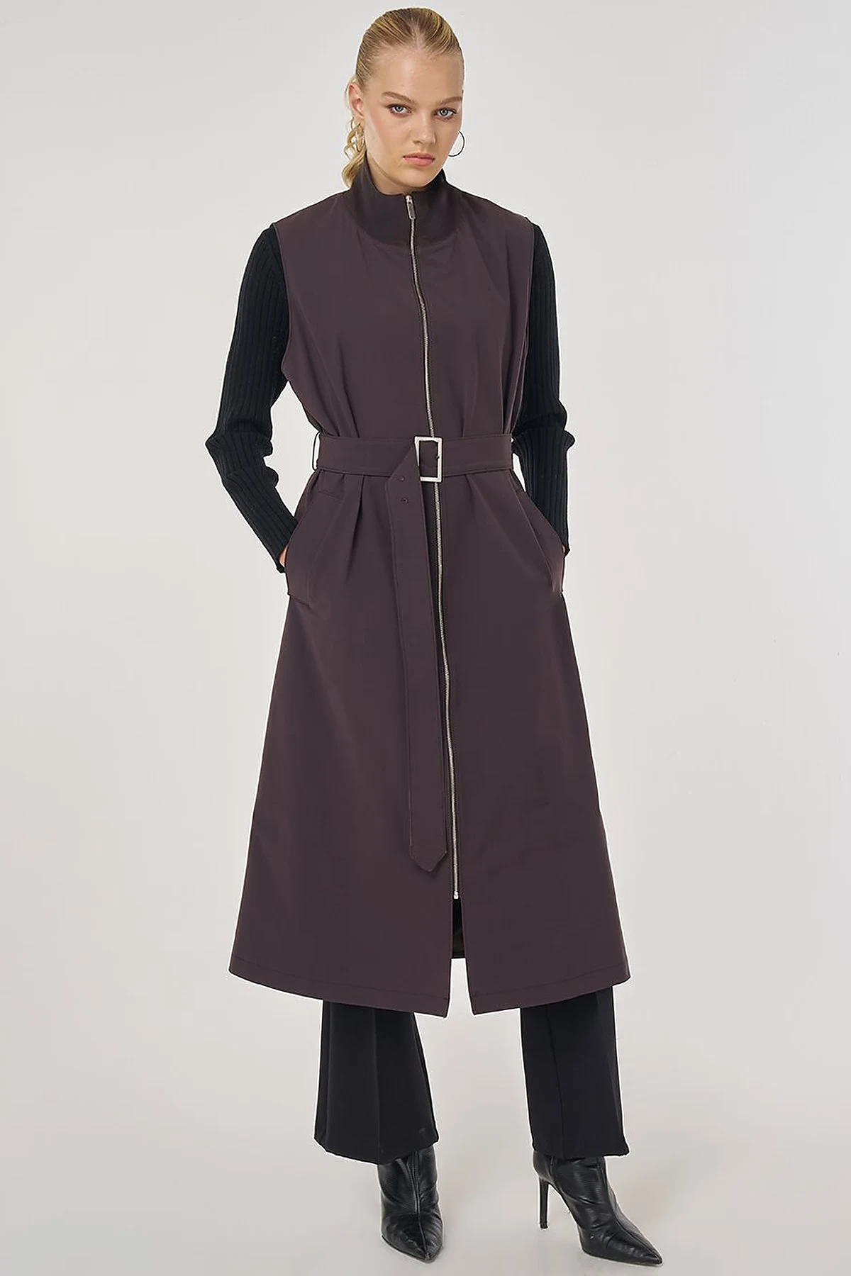 Stand Collar Belted Trench Coat Dark Brown