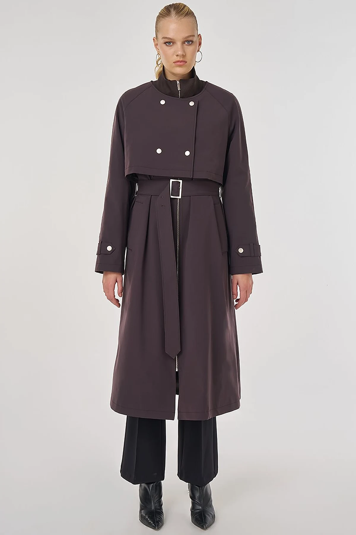 Stand Collar Belted Trench Coat Dark Brown