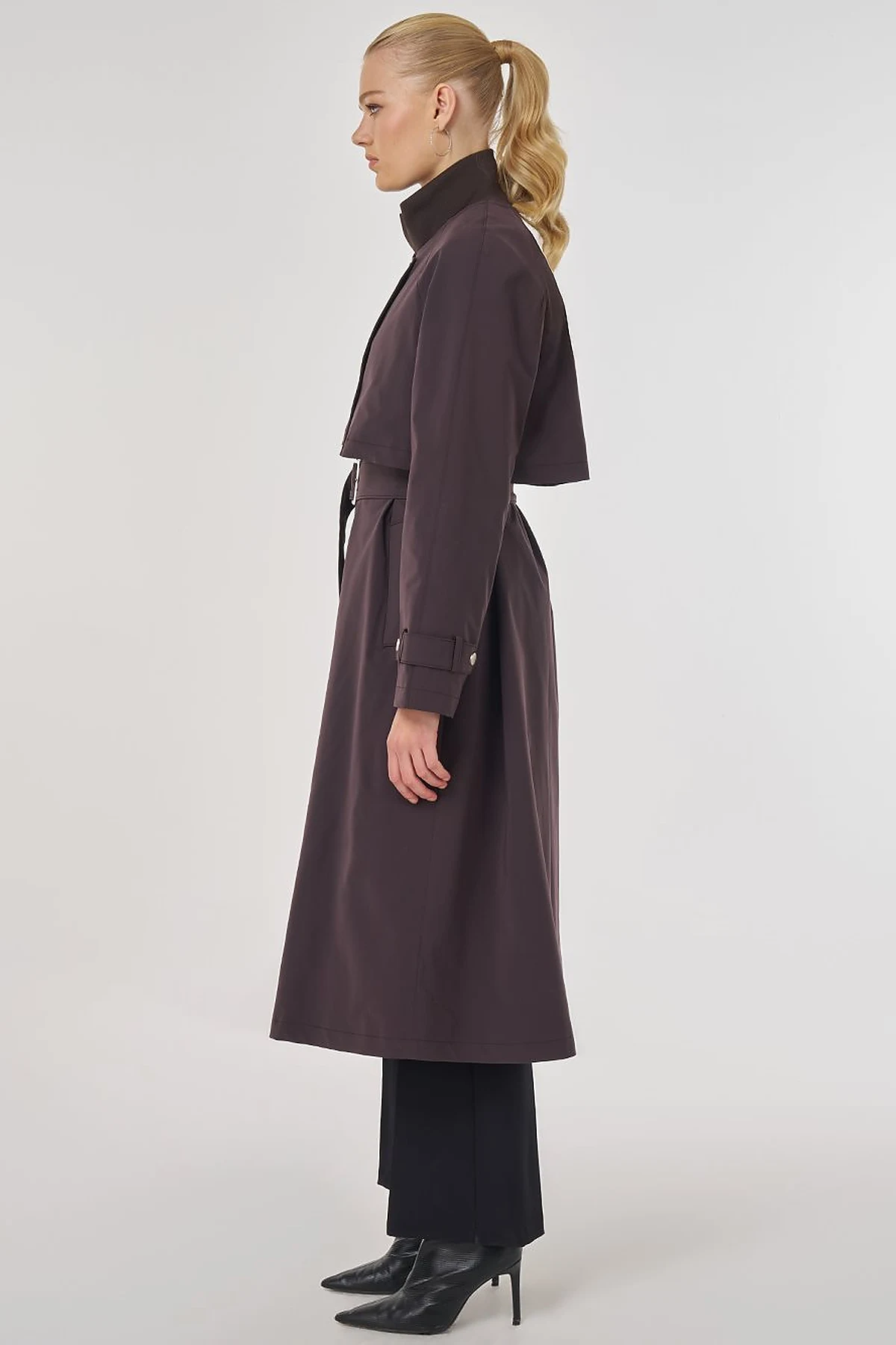 Stand Collar Belted Trench Coat Dark Brown