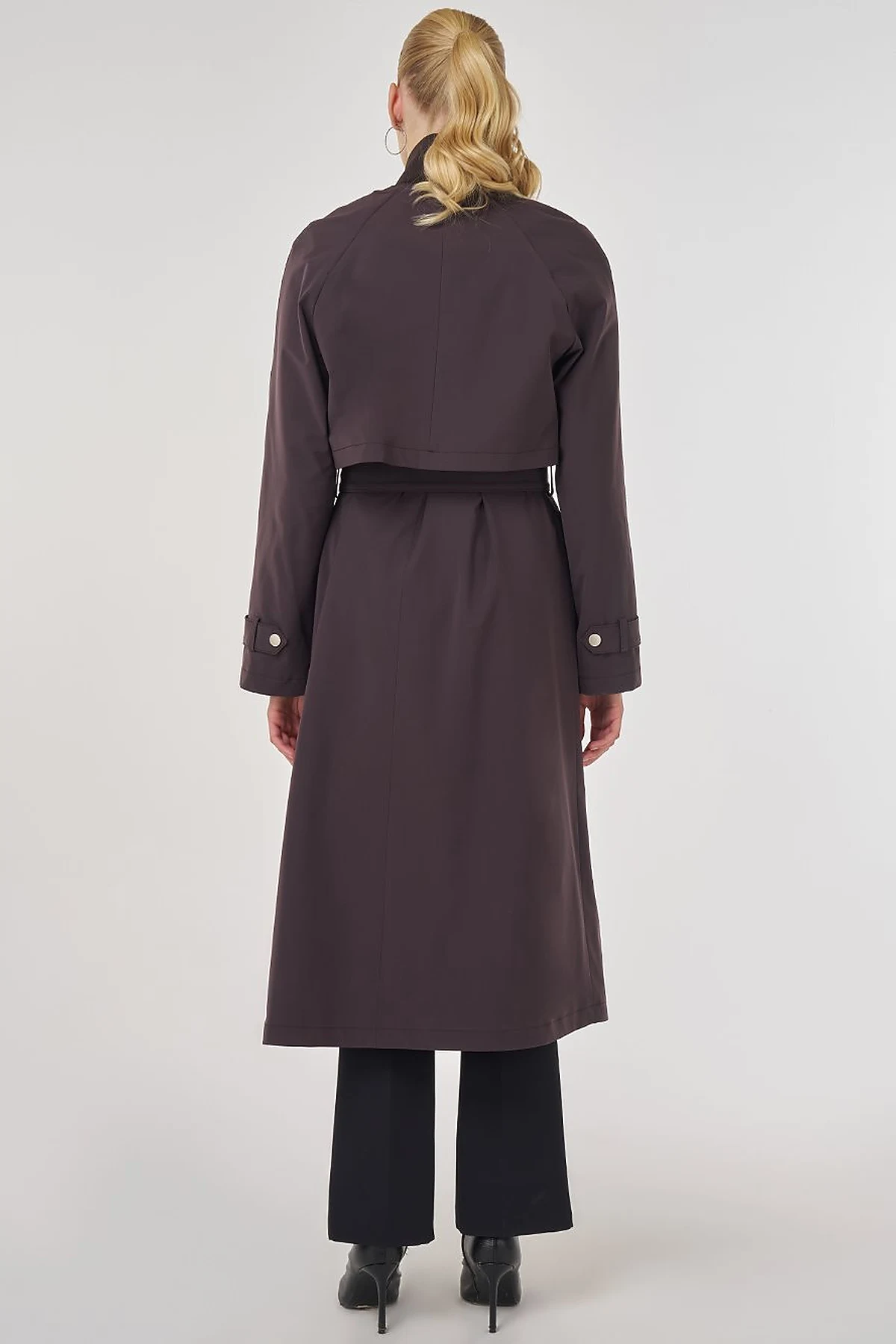 Stand Collar Belted Trench Coat Dark Brown