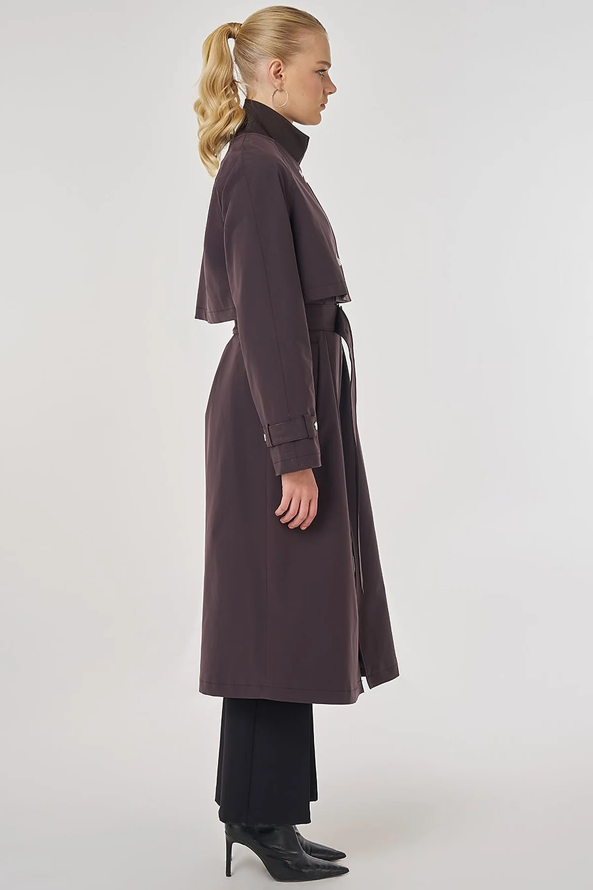 Stand Collar Belted Trench Coat Dark Brown
