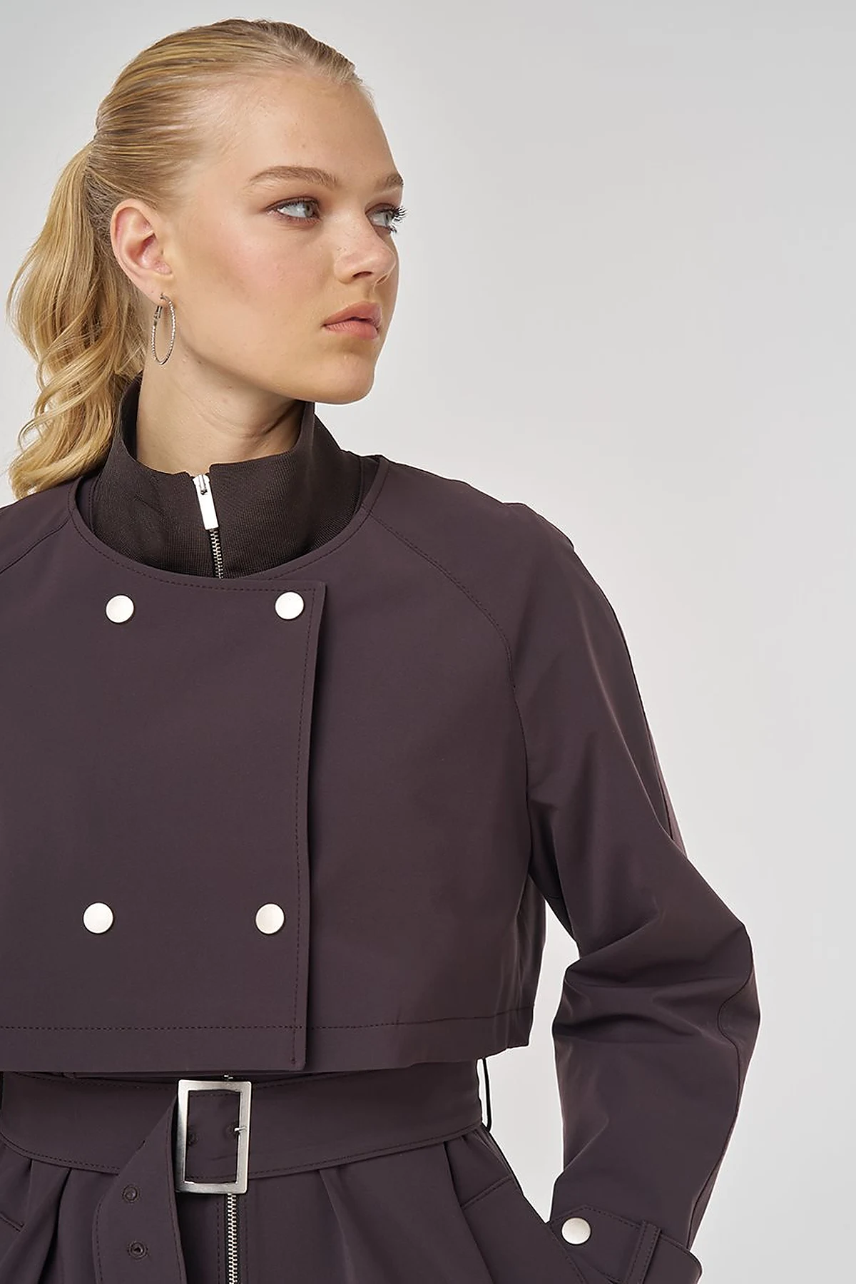 Stand Collar Belted Trench Coat Dark Brown