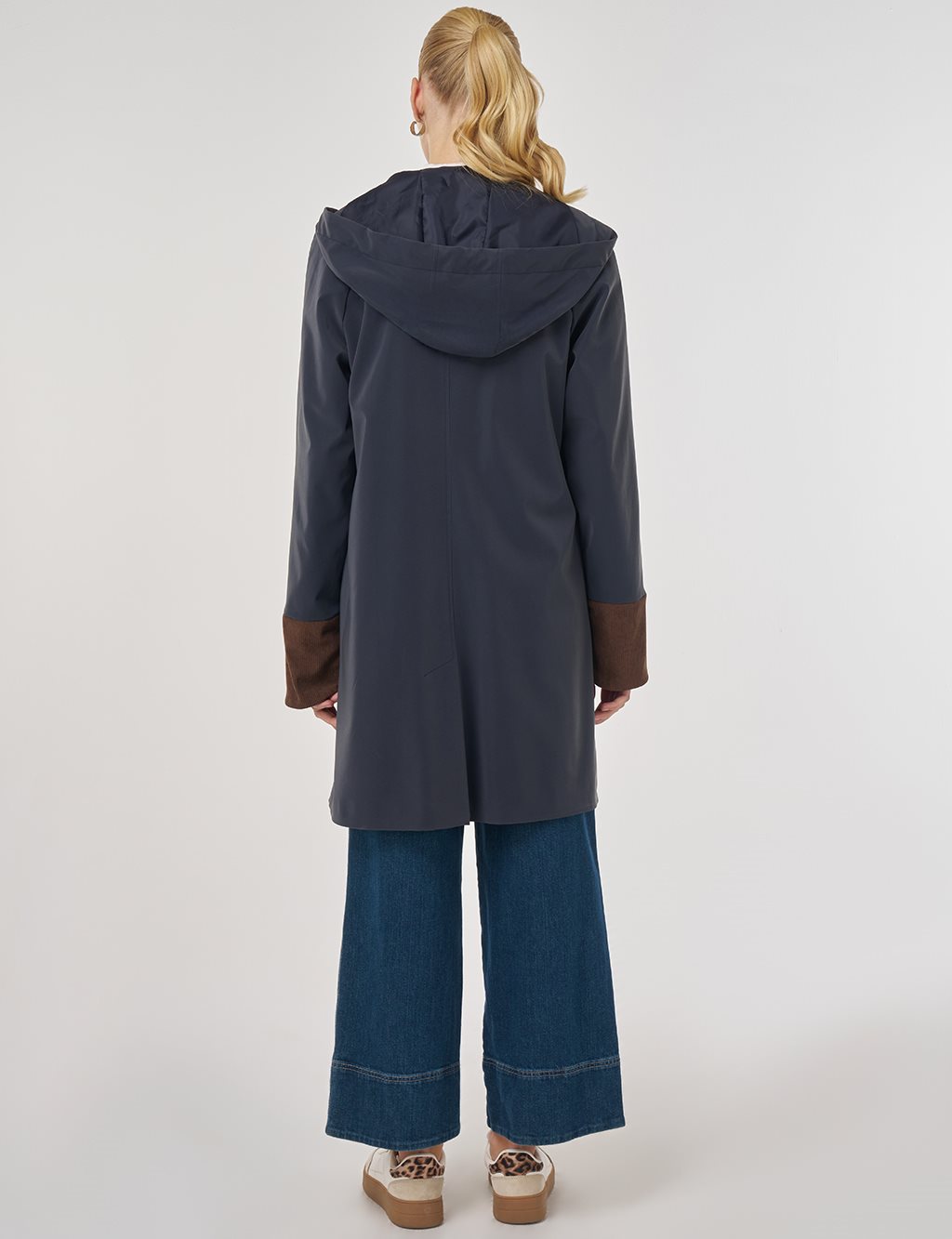 Kadife Garnili Kapüşonlu Kap Koyu Lacivert 