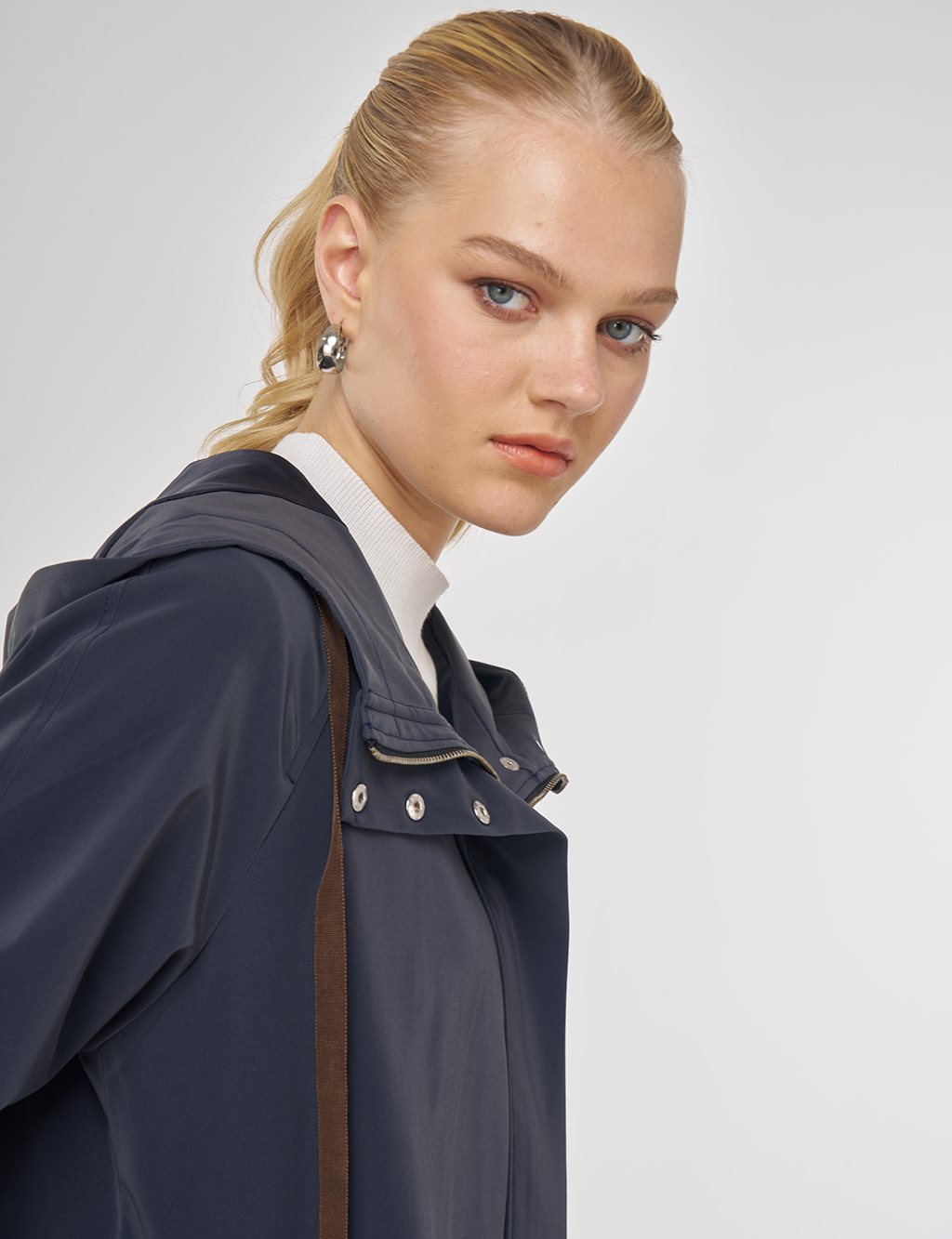 Kadife Garnili Kapüşonlu Kap Koyu Lacivert 