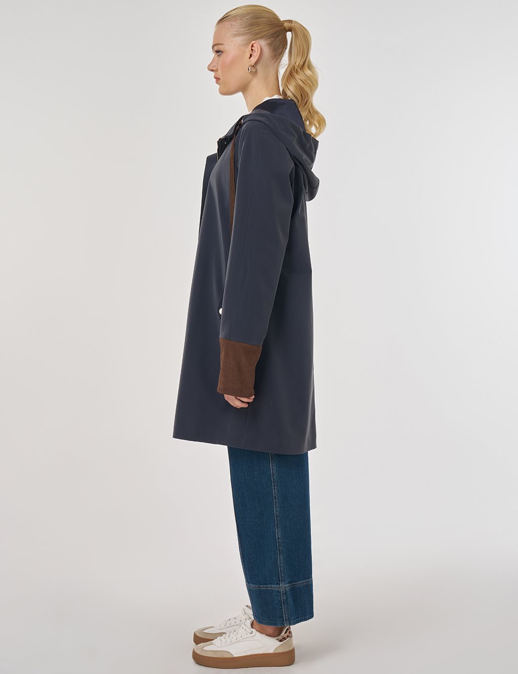 Kadife Garnili Kapüşonlu Kap Koyu Lacivert 