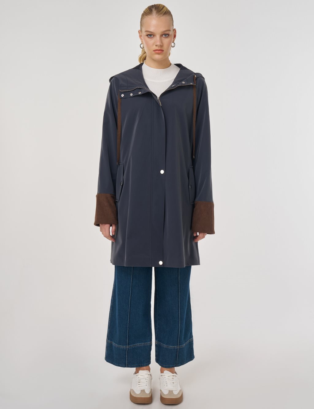 Kadife Garnili Kapüşonlu Kap Koyu Lacivert 