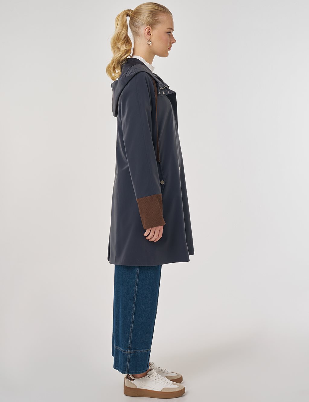 Kadife Garnili Kapüşonlu Kap Koyu Lacivert 