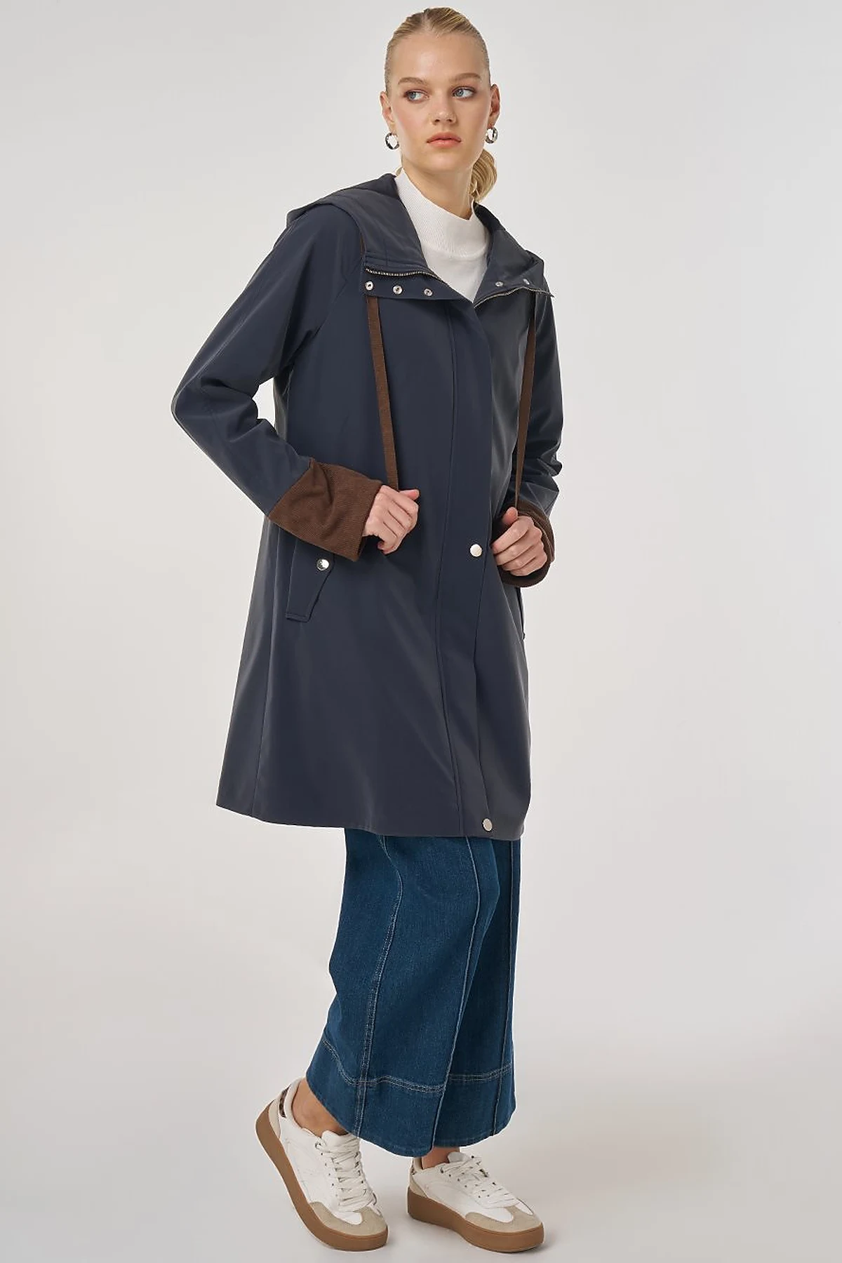 Velvet-Trimmed Hooded Coat Dark Navy