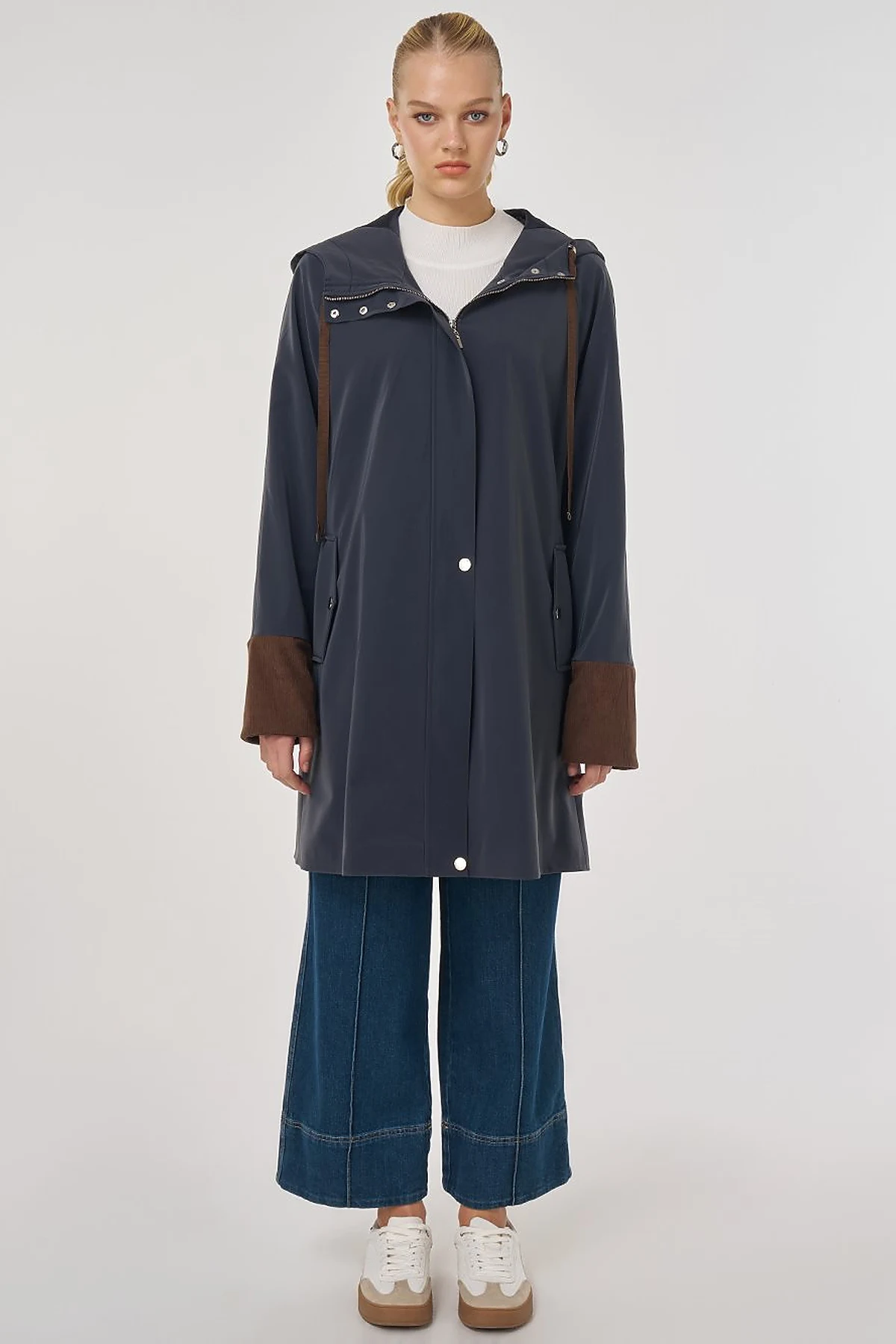 Velvet-Trimmed Hooded Coat Dark Navy