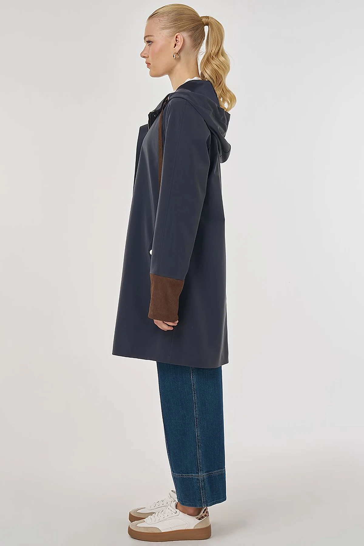 Velvet-Trimmed Hooded Coat Dark Navy