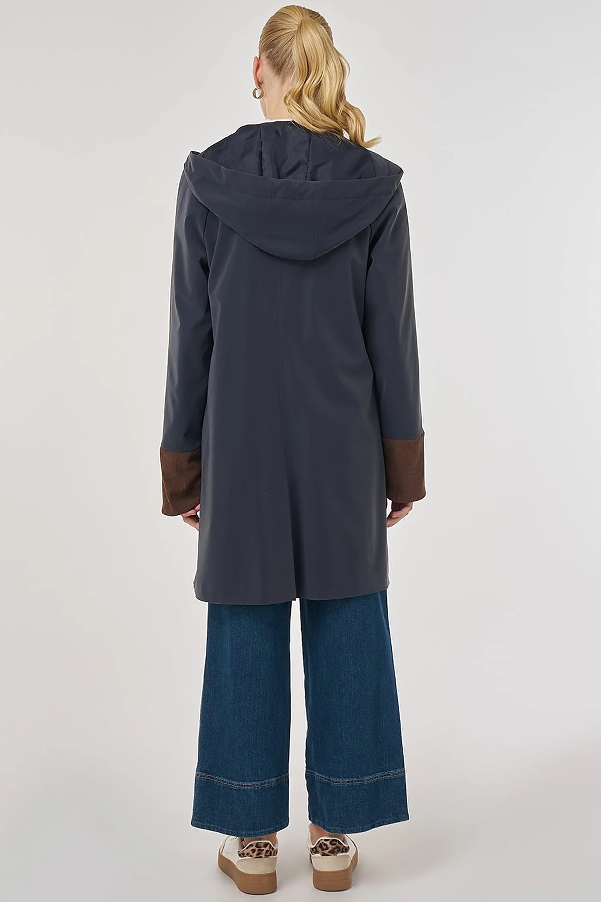 Velvet-Trimmed Hooded Coat Dark Navy