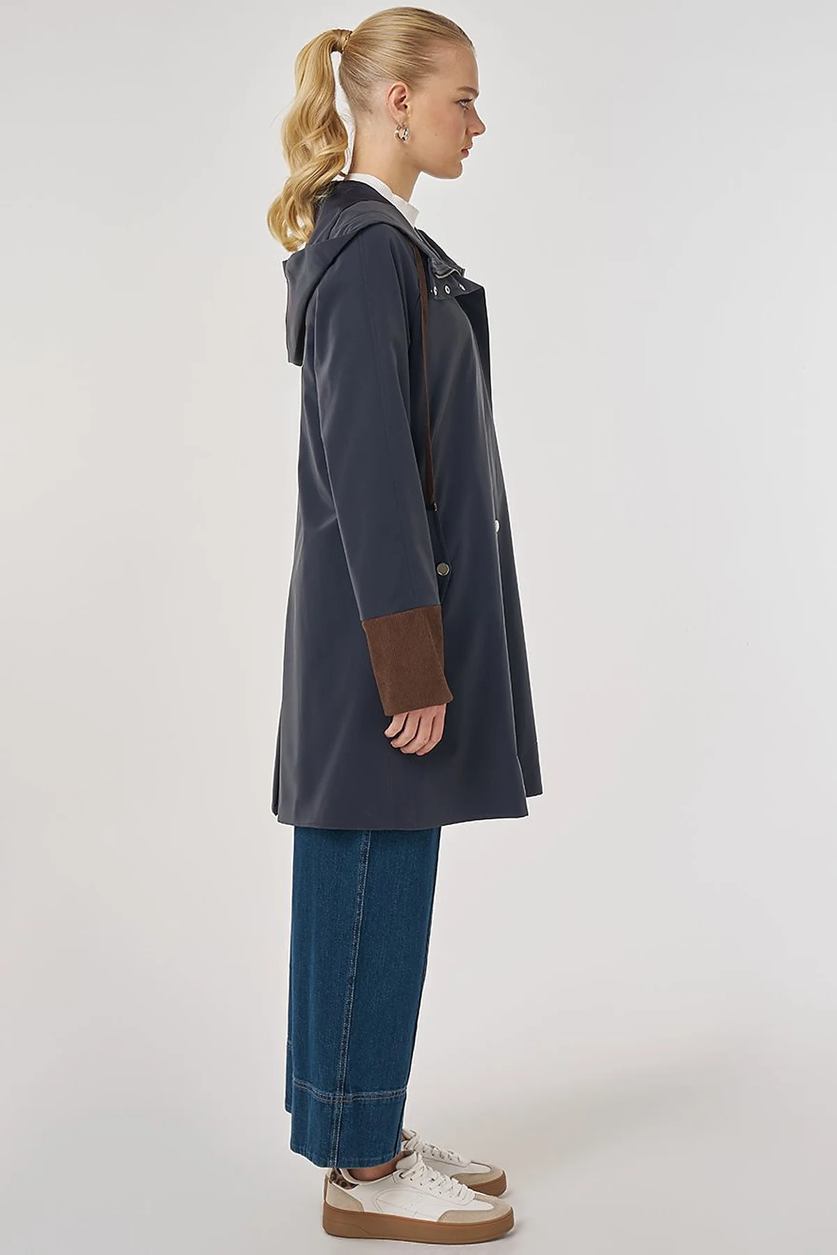 Velvet-Trimmed Hooded Coat Dark Navy