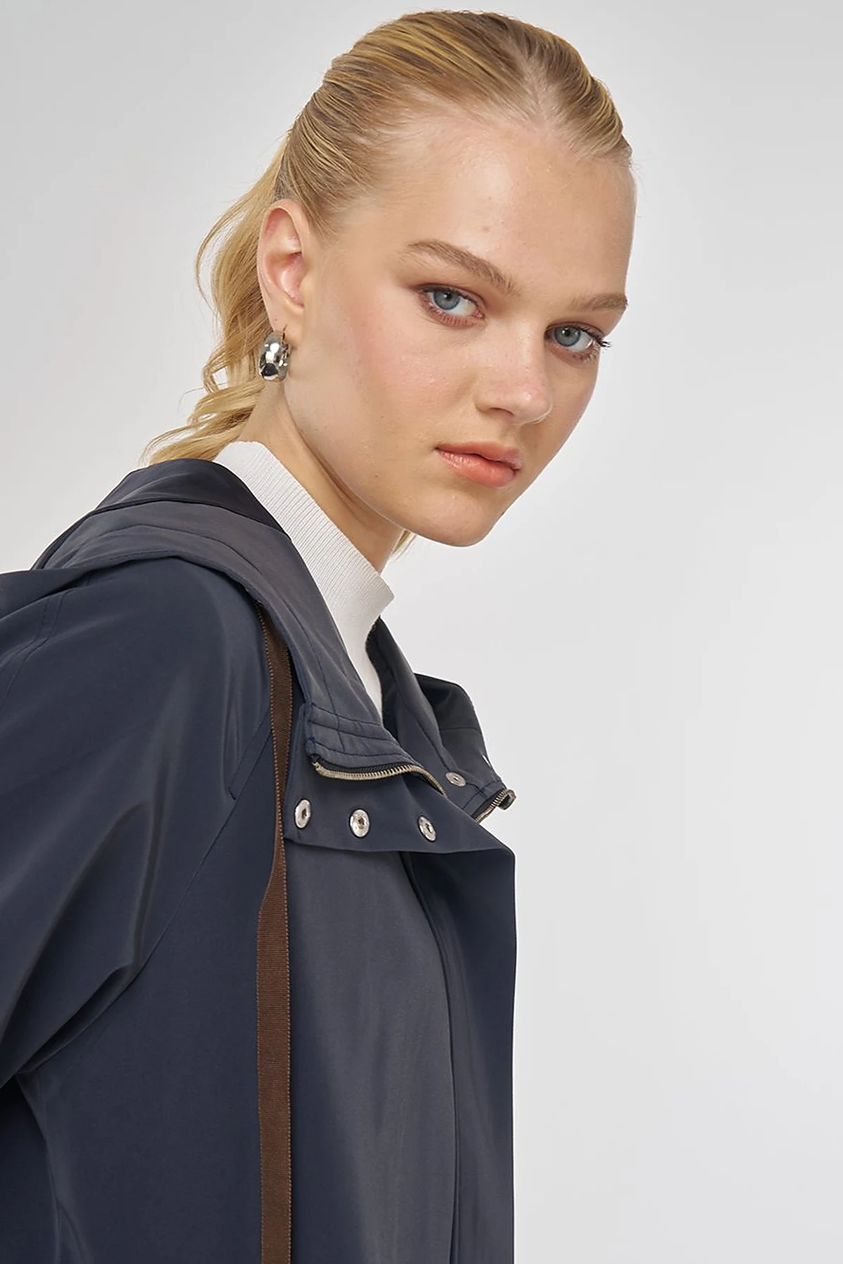 Velvet-Trimmed Hooded Coat Dark Navy