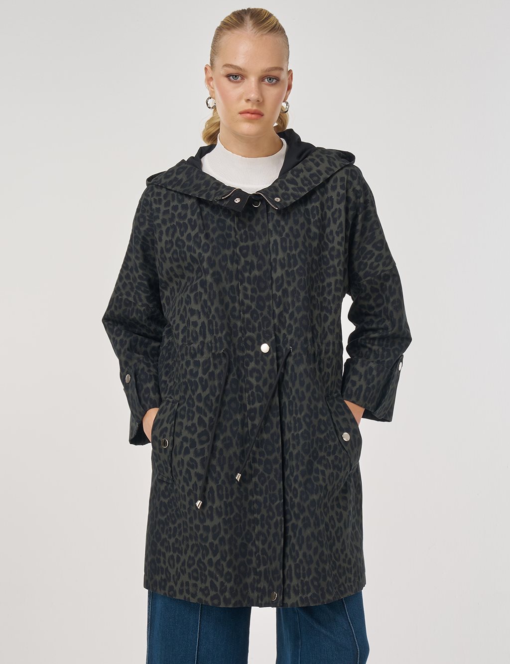 Leopard Pattern Short Trench Coat Forest Green