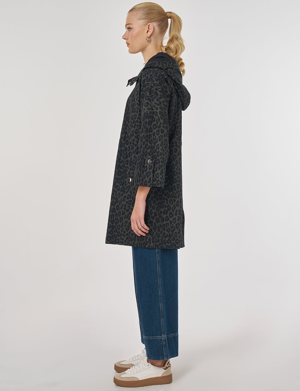 Leopard Pattern Short Trench Coat Forest Green