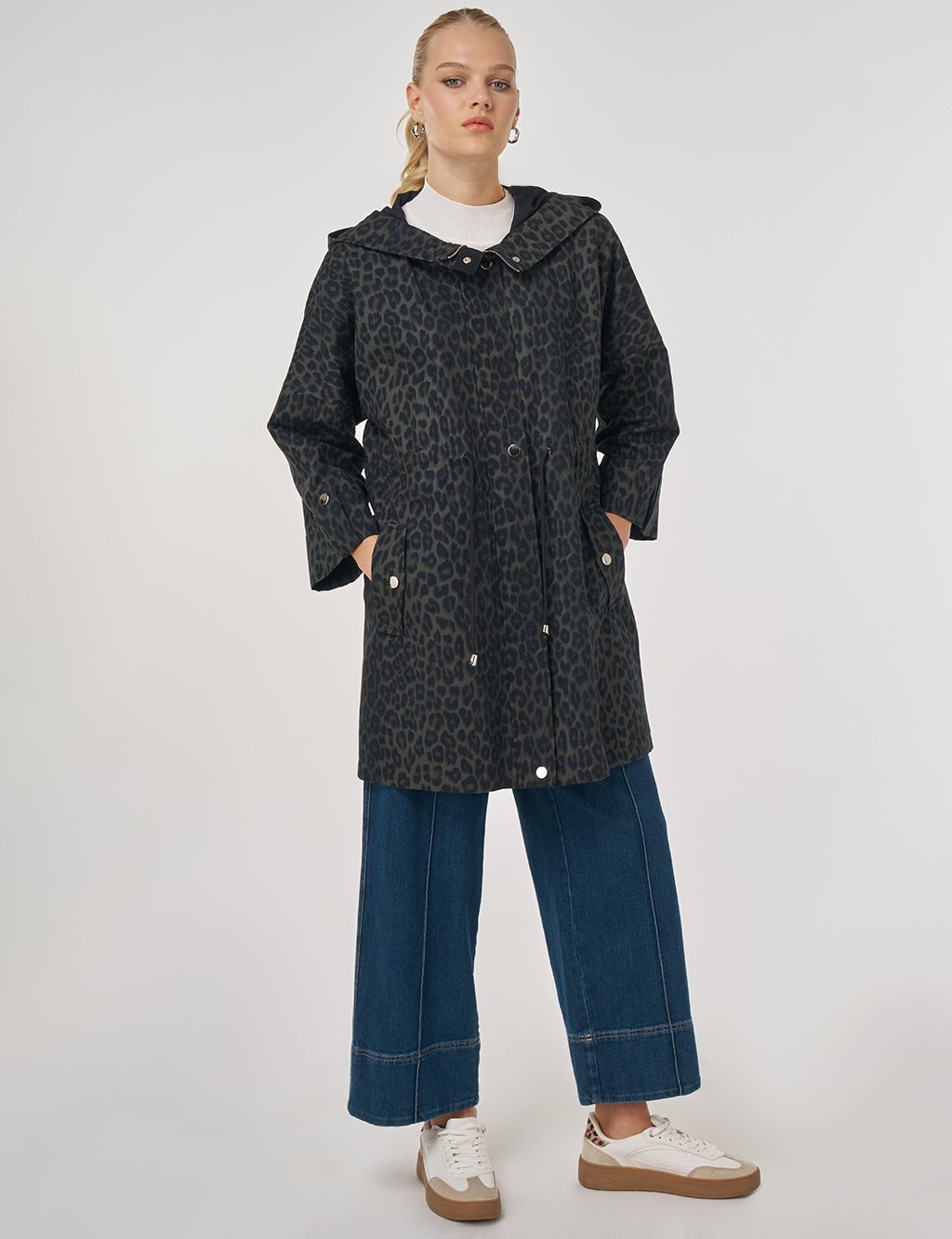 Leopard Pattern Short Trench Coat Forest Green