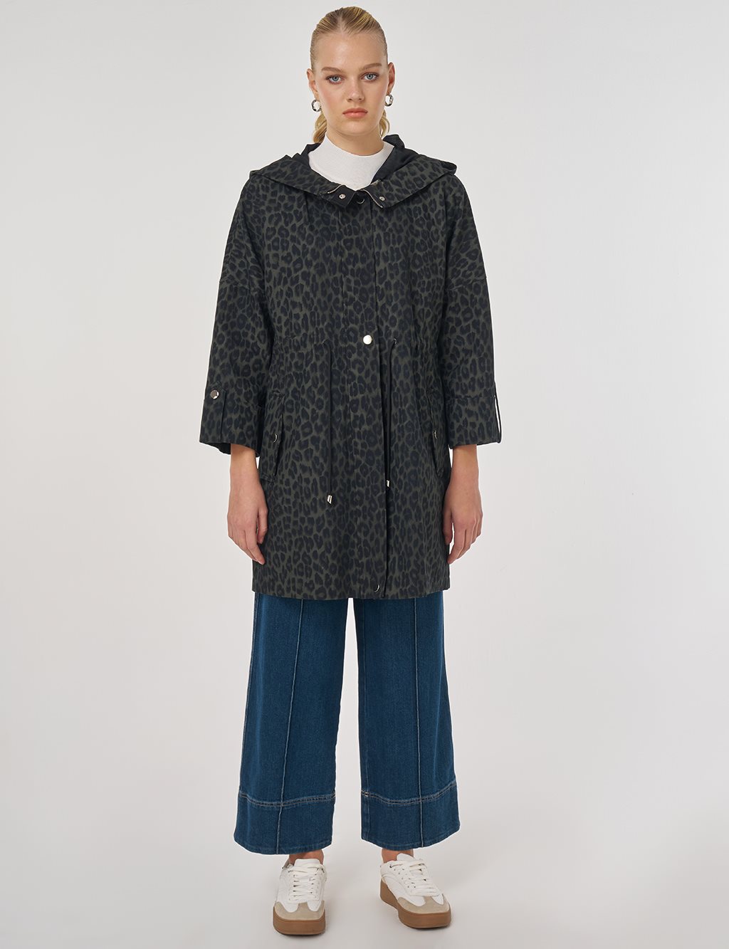 Leopard Pattern Short Trench Coat Forest Green