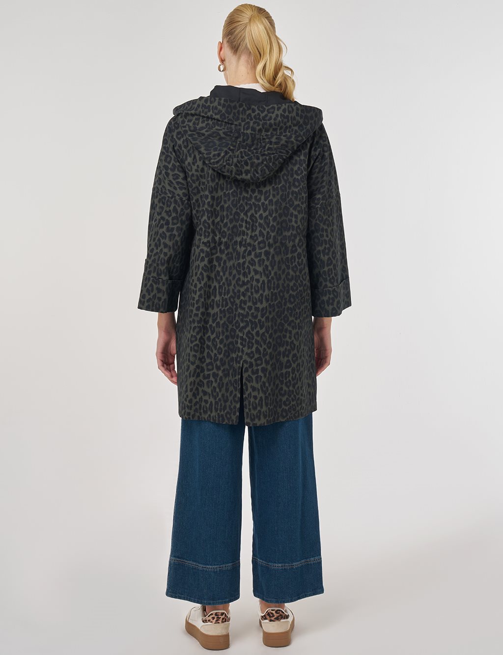 Leopard Pattern Short Trench Coat Forest Green