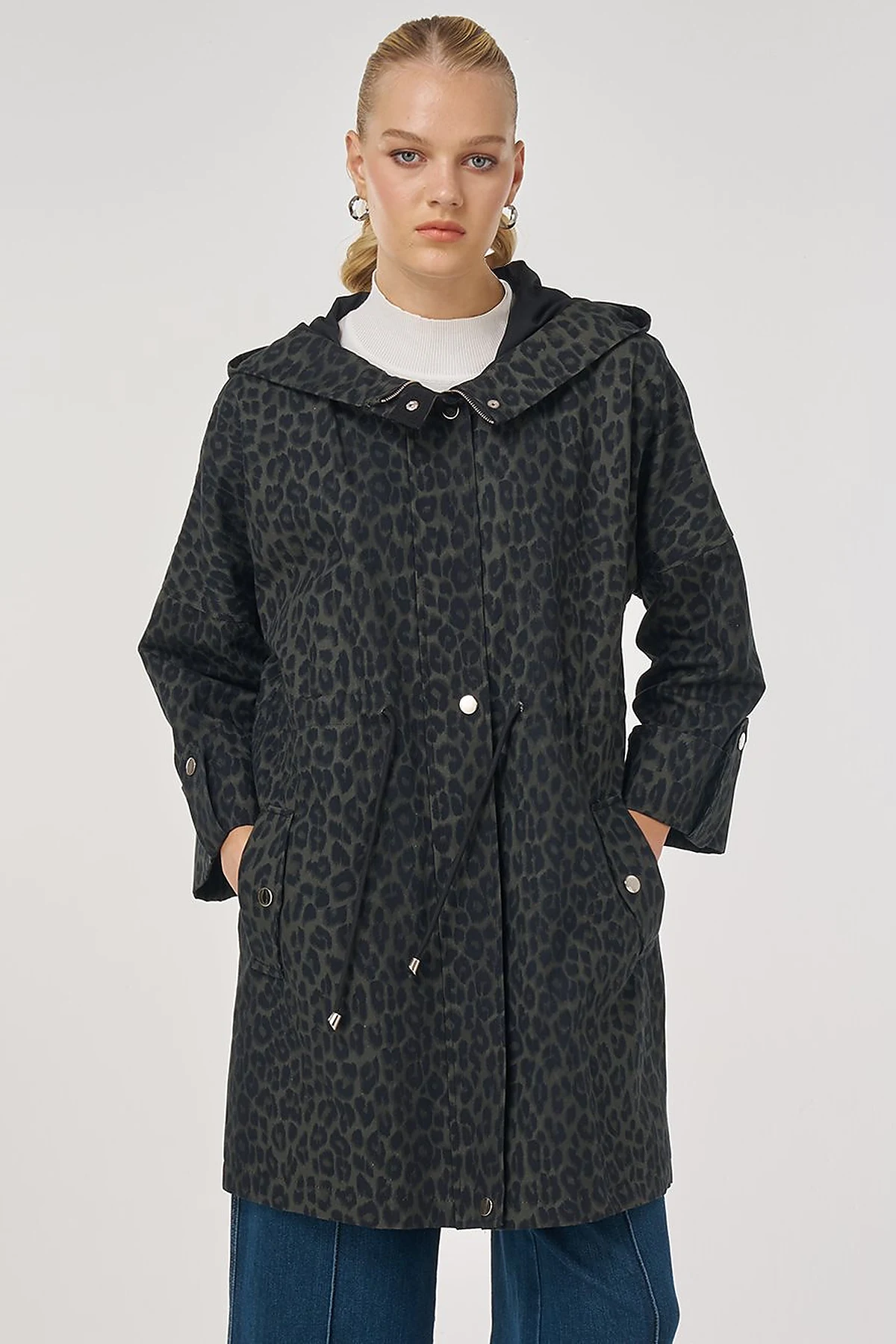 Leopard Pattern Short Trench Coat Forest Green