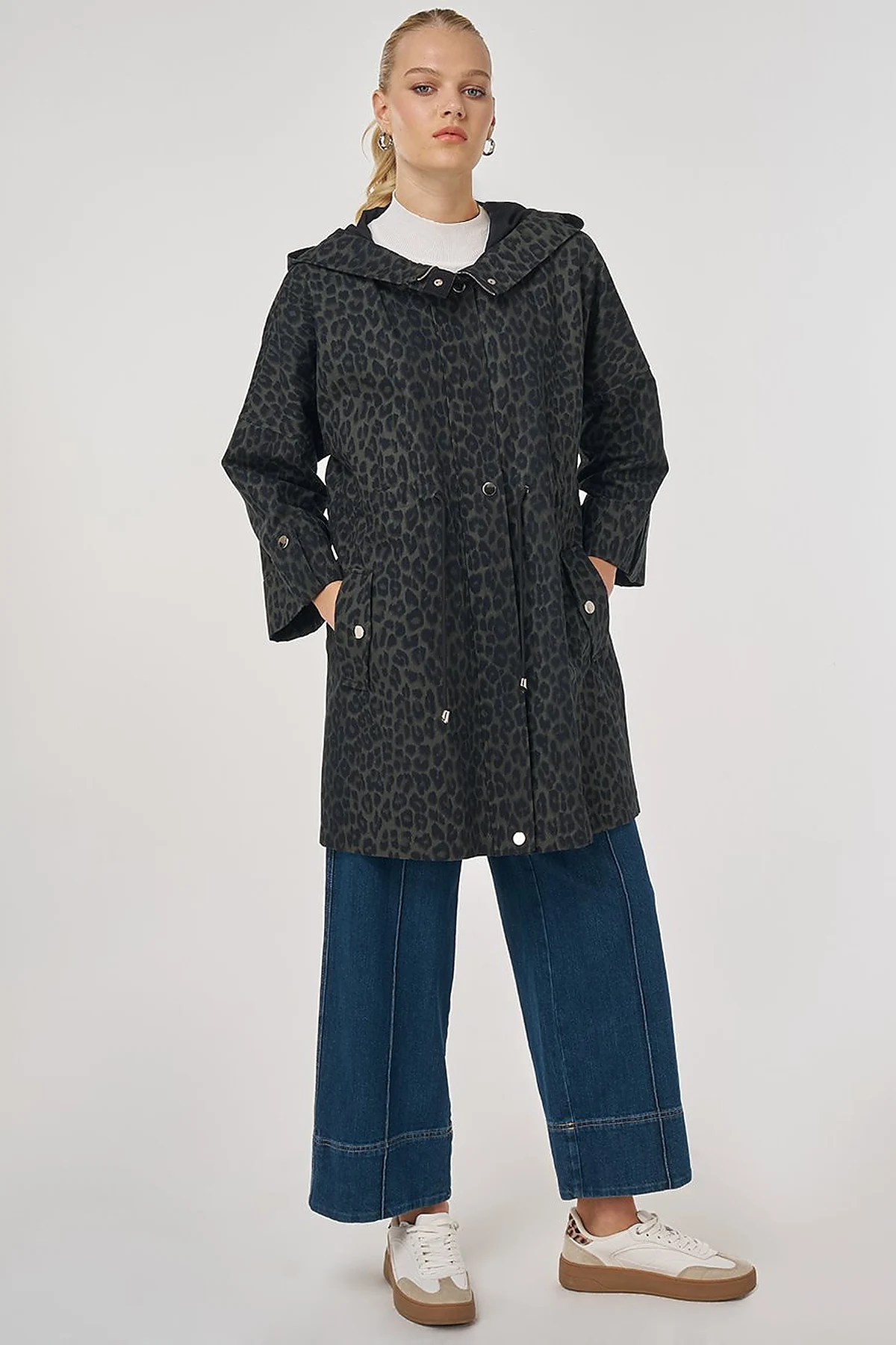 Leopard Pattern Short Trench Coat Forest Green
