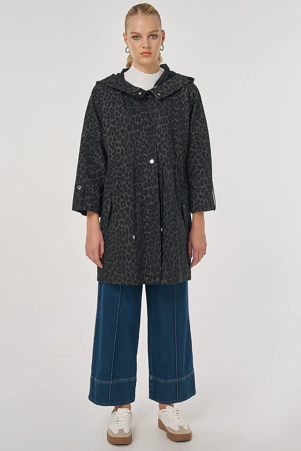 Leopard Pattern Short Trench Coat Forest Green