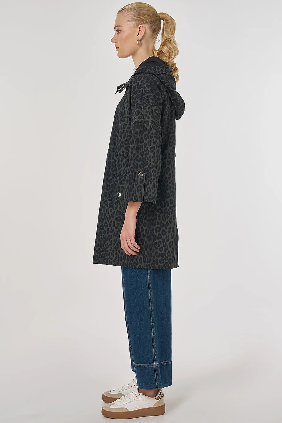 Leopard Pattern Short Trench Coat Forest Green