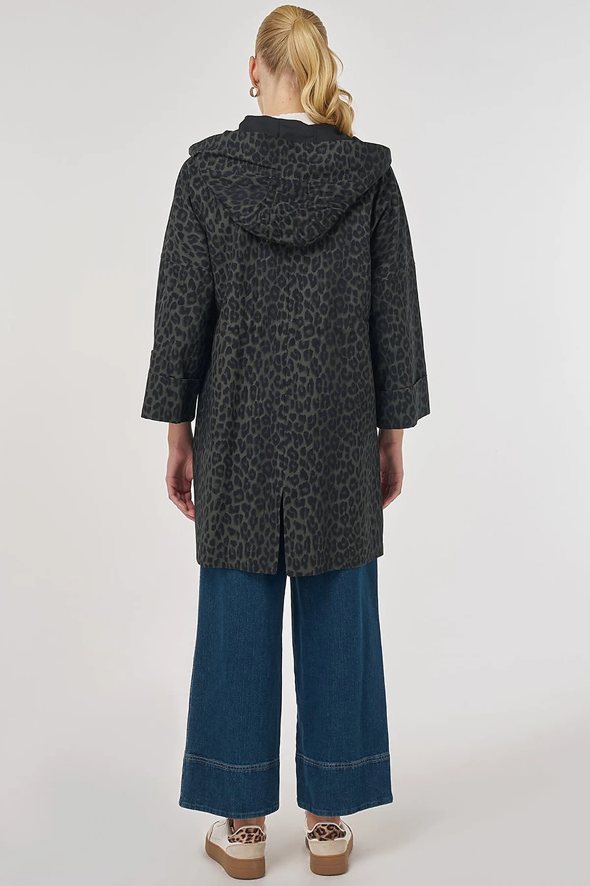 Leopard Pattern Short Trench Coat Forest Green