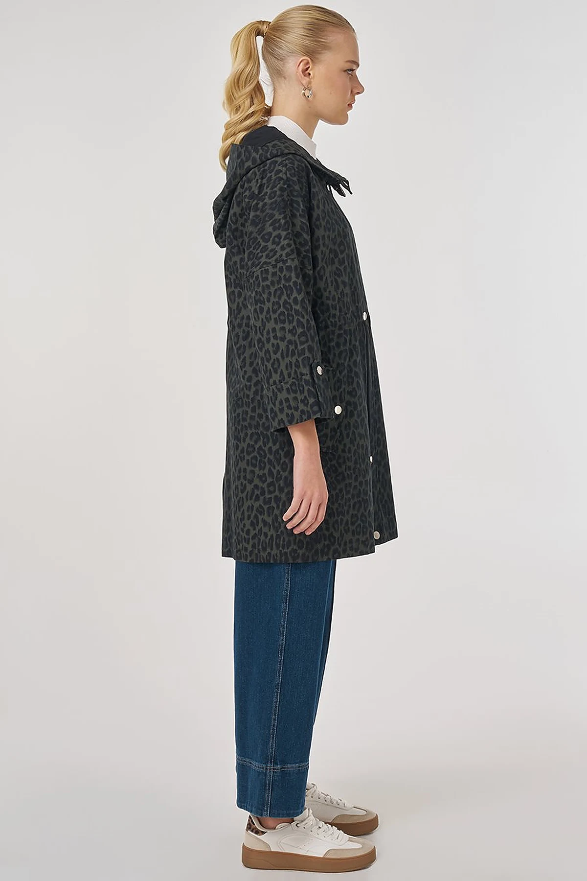 Leopard Pattern Short Trench Coat Forest Green