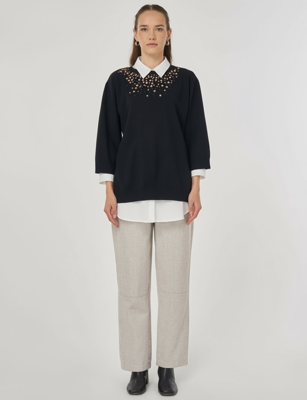 Sequin Embroidered Viscose Knit Tunic in Black