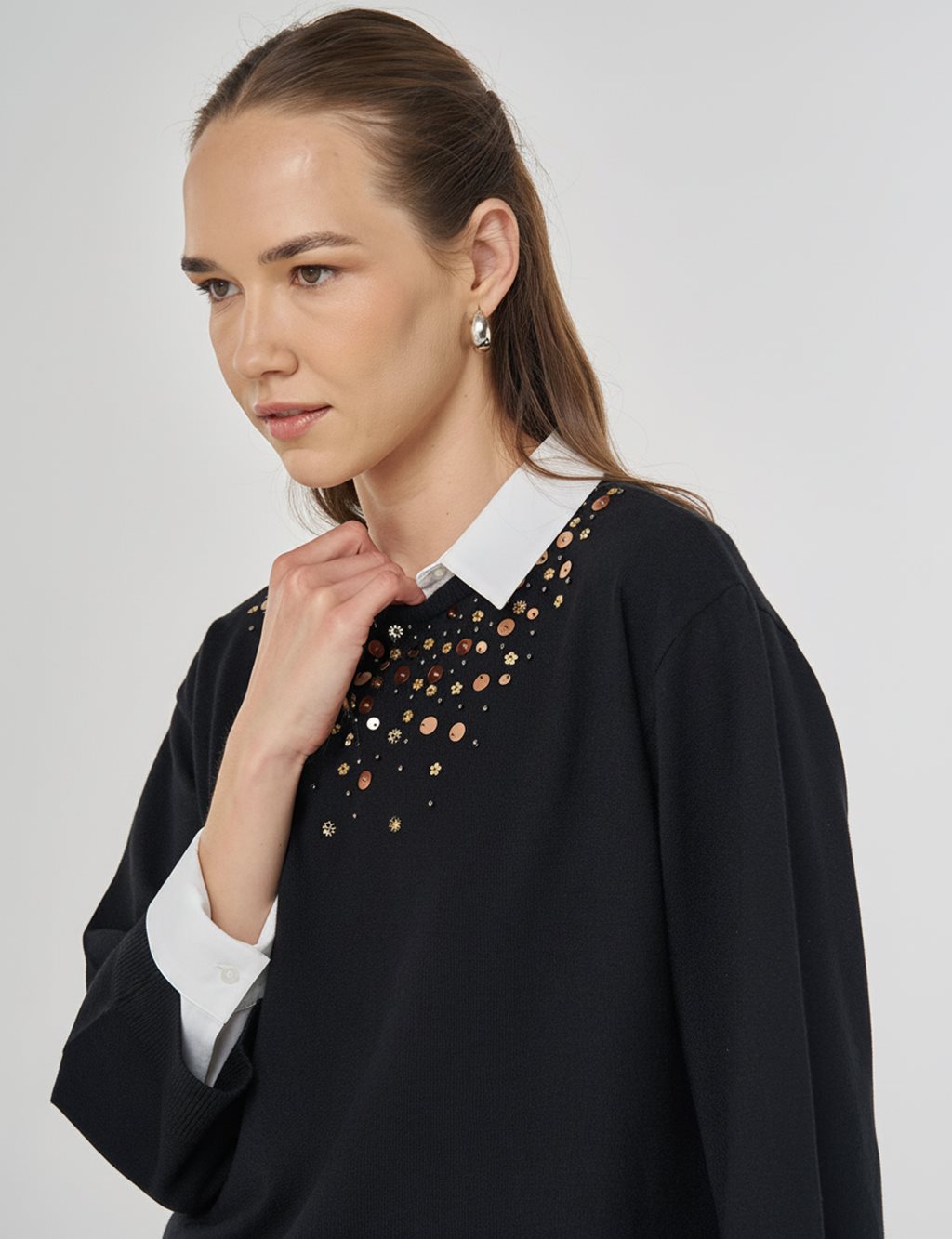 Sequin Embroidered Viscose Knit Tunic in Black