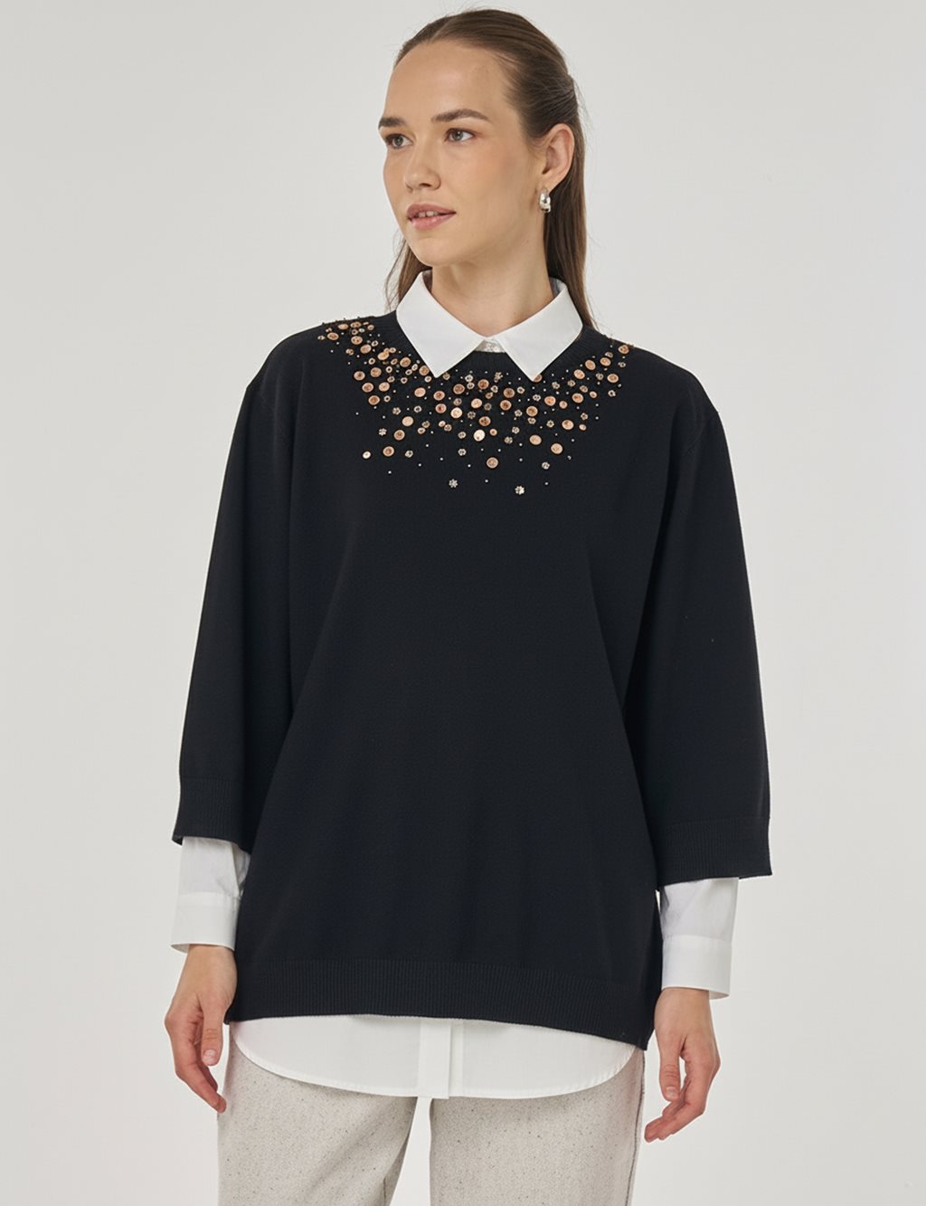 Sequin Embroidered Viscose Knit Tunic in Black