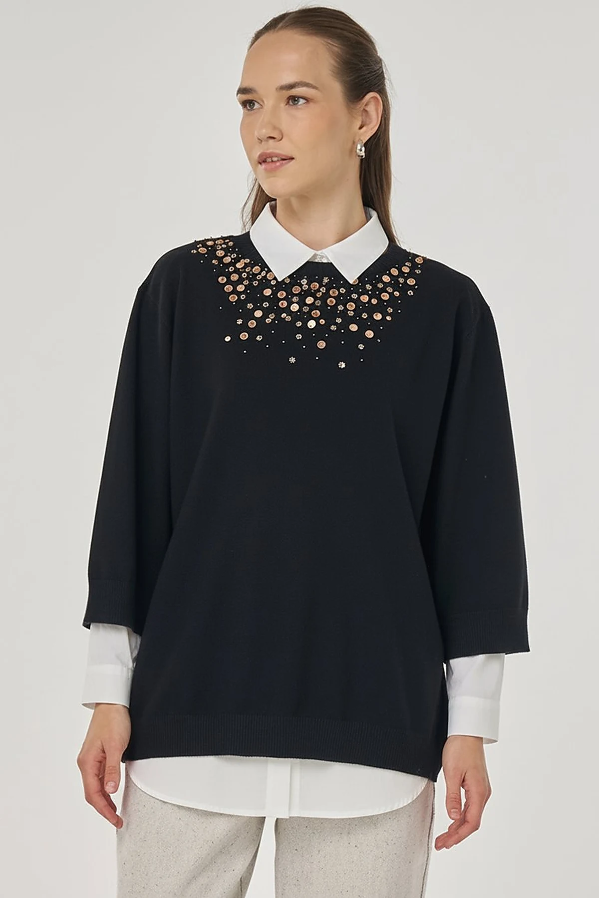 Sequin-Detail Collar Viscose Knit Tunic in Black