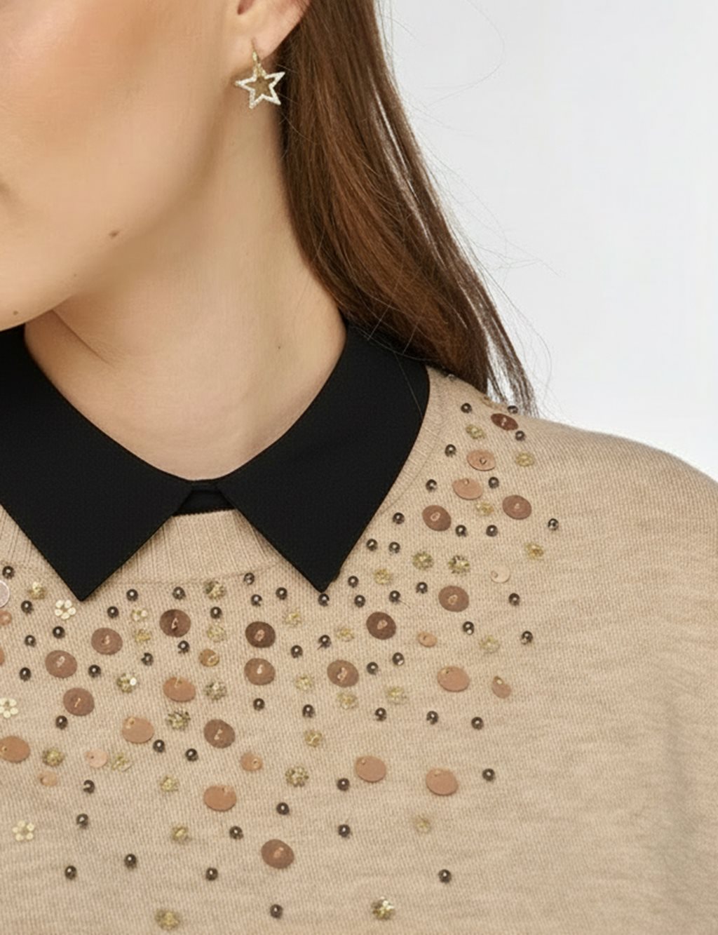 Payet İşlemeli Viskon Triko Tunik Vizon 