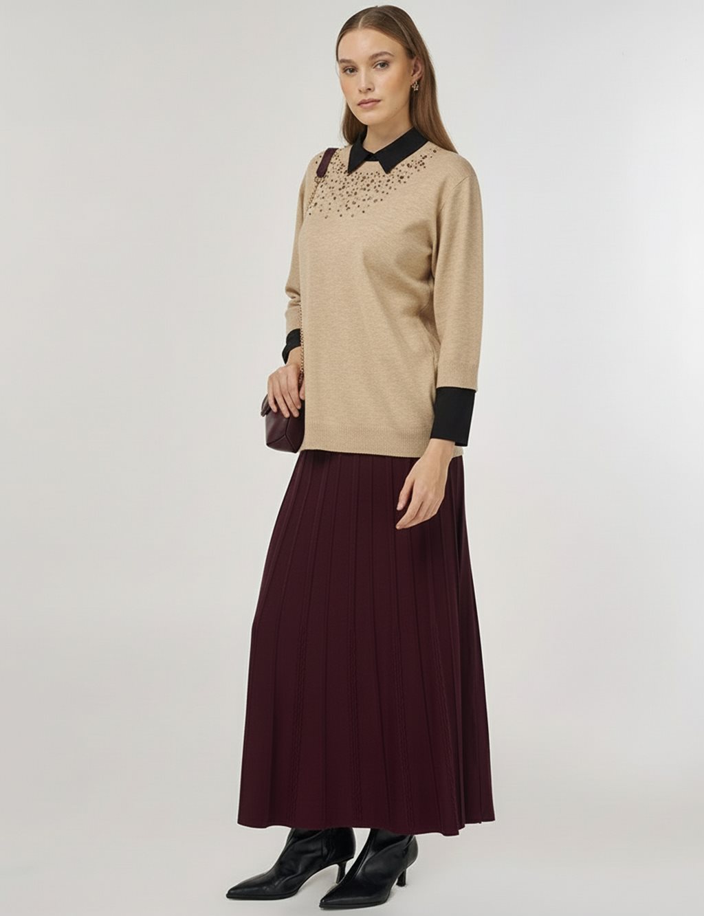 Payet İşlemeli Viskon Triko Tunik Vizon 